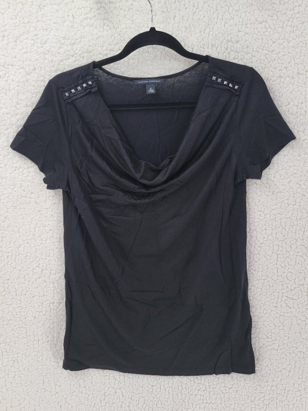 Banana Republic Black Cowl Neck Top S Short Sleeve Embellished Shoulder Blouse